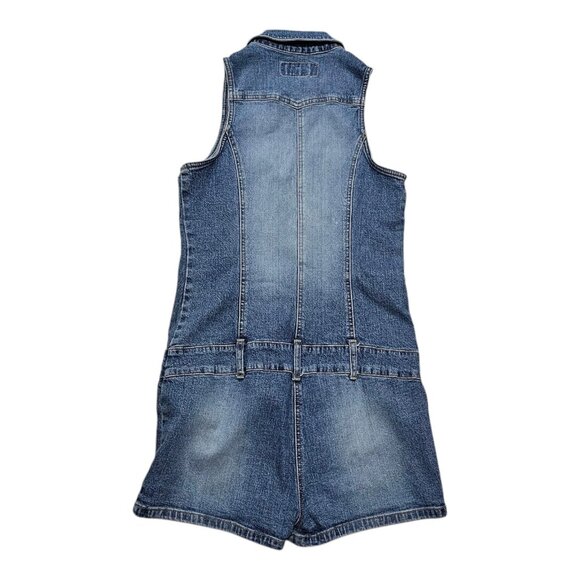 Vintage Y2K Denim Romper Medium Blue Drop Waist Belt Loops Snap Button Pockets - Picture 3 of 12